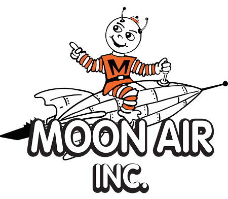 Moon Air technician servicing HVAC unit outdoors, tools and gauges attached