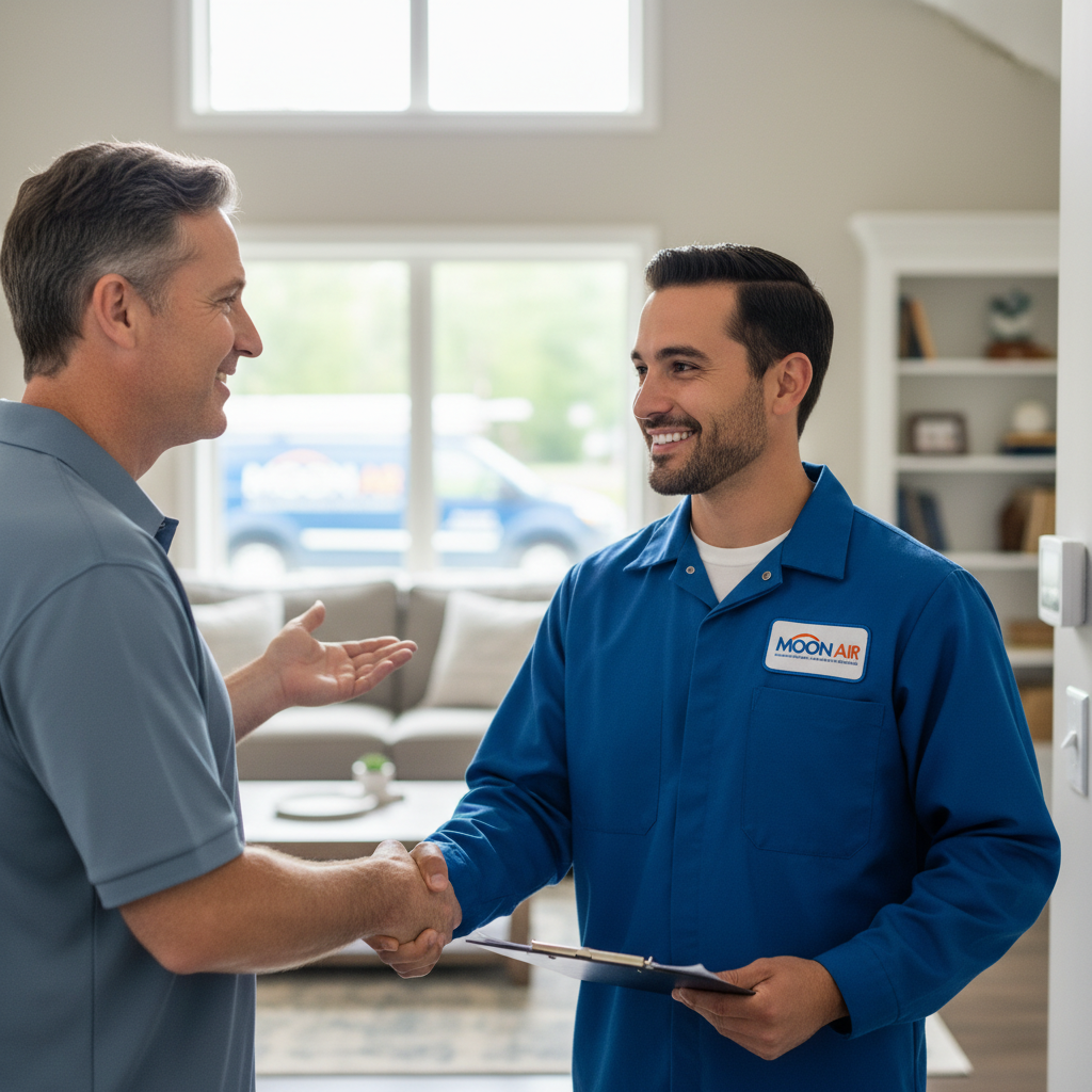 A friendly Moon Air technician shaking a customer's hand after completing an AC repair in Chester County, PA.