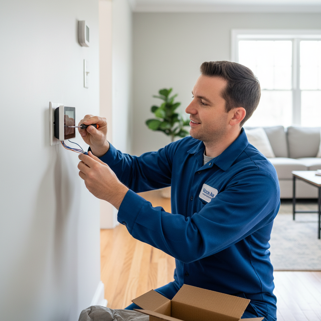 A Moon Air expert installing a new thermostat in a Chester County, PA residence, optimizing home energy efficiency.