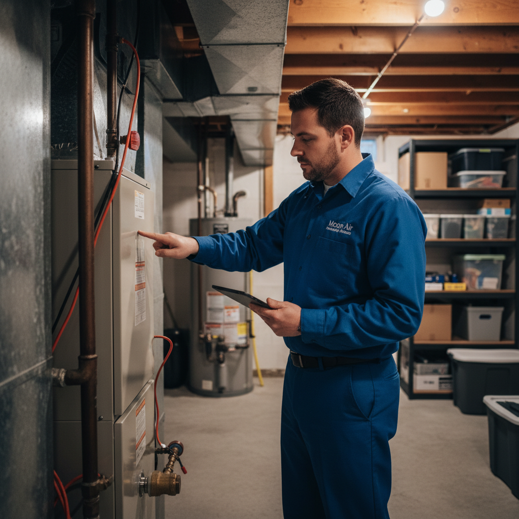 A Moon Air HVAC specialist inspecting a furnace in a residential basement in Chester County, Pennsylvania, providing heating service across Maryland, Delaware, and Pennsylvania.