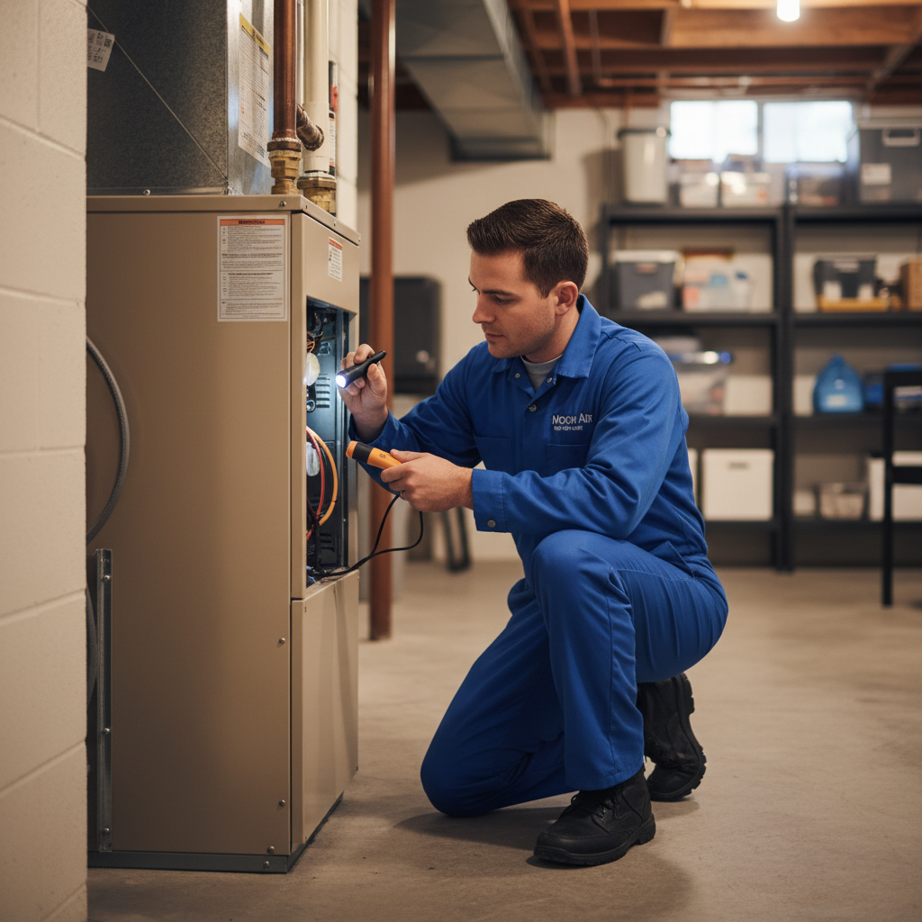 A Moon Air HVAC specialist inspecting a furnace in a well-maintained basement in New Castle County, DE, ensuring optimal heating.
