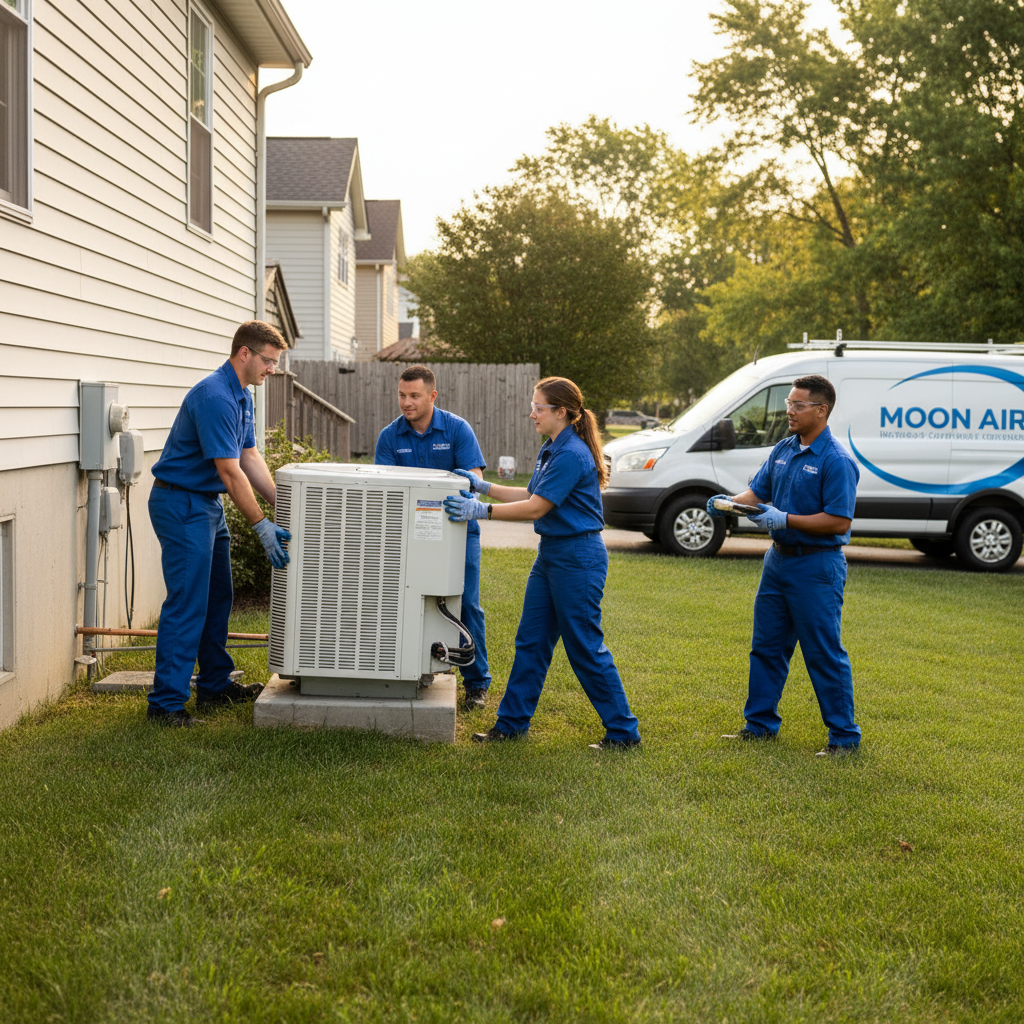 A Moon Air HVAC team installing a new air conditioning unit outside a home in New Castle County, DE.