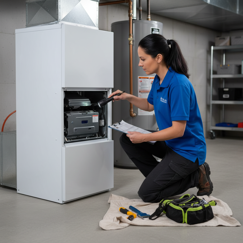 A Moon Air HVAC technician performing a professional furnace inspection in New Castle County, Delaware, or Pennsylvania.
