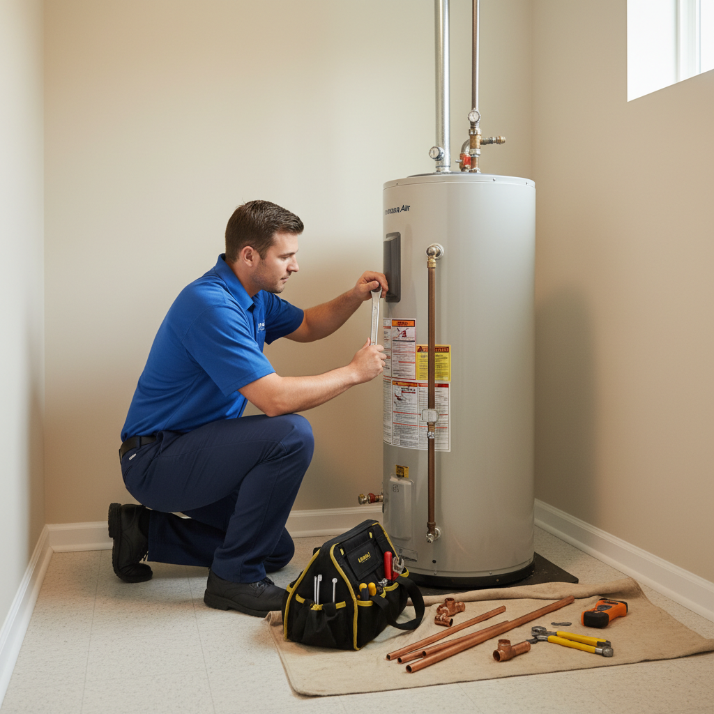 A Moon Air plumbing expert fixing a water heater in a New Castle County, Delaware home.