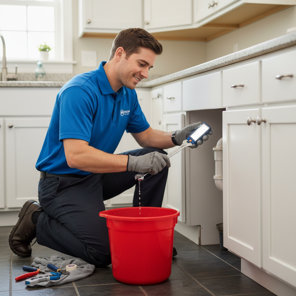 A Moon Air plumbing expert repairing a leaky pipe under a sink in Chester County, PA.
