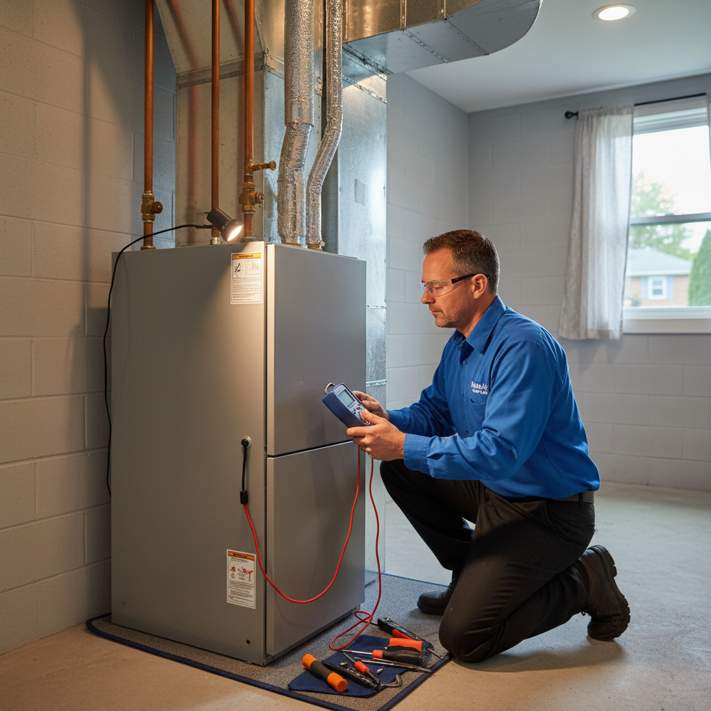 A Moon Air technician performing a detailed furnace inspection in a New Castle County, DE, home's utility room.