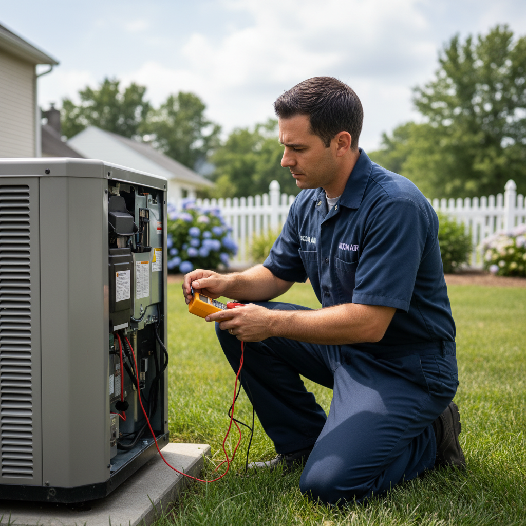 A Moon Air technician performing an AC repair on an outdoor unit in New Castle County, DE, ensuring summer comfort.
