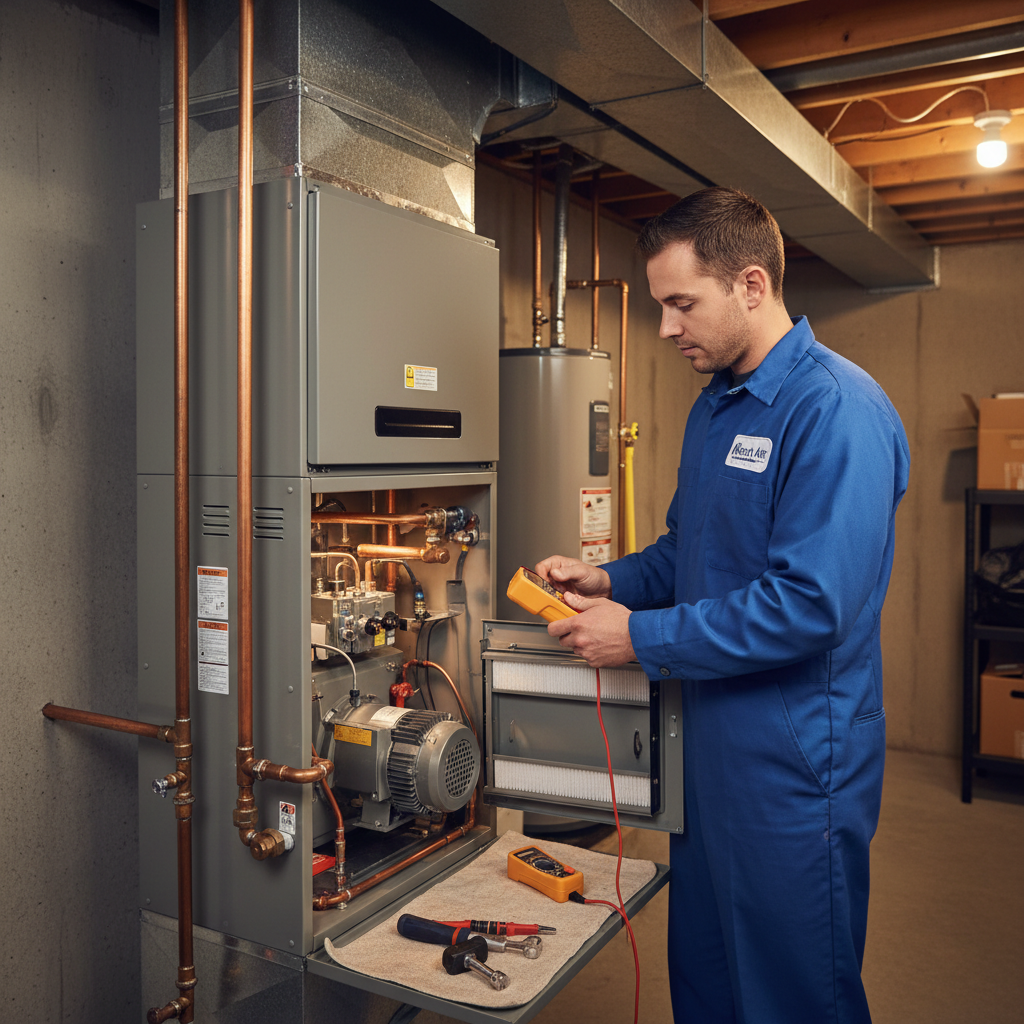 A Moon Air technician performing furnace maintenance inside a home in Chester County, PA, ensuring warmth.