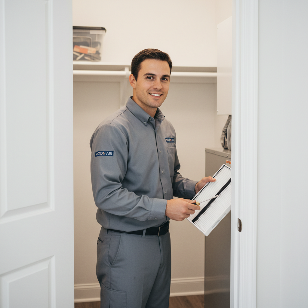A smiling Moon Air professional performing HVAC maintenance inside a Chester County, Pennsylvania home.