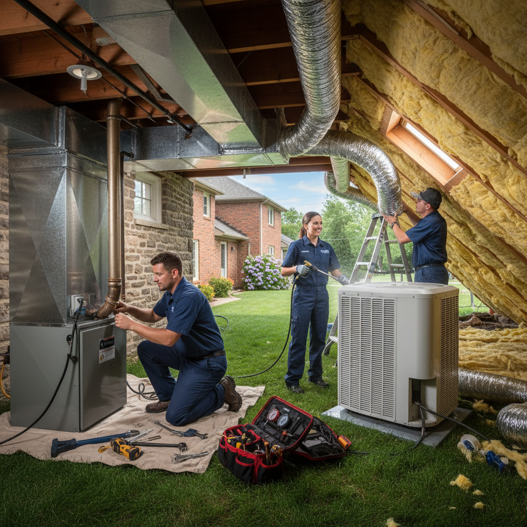 An HVAC technician from Moon Air expertly installing a new furnace in a Cecil County, Maryland home.