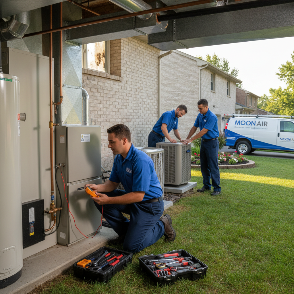 An HVAC technician from Moon Air expertly performing furnace maintenance in a Cecil County, MD home.
