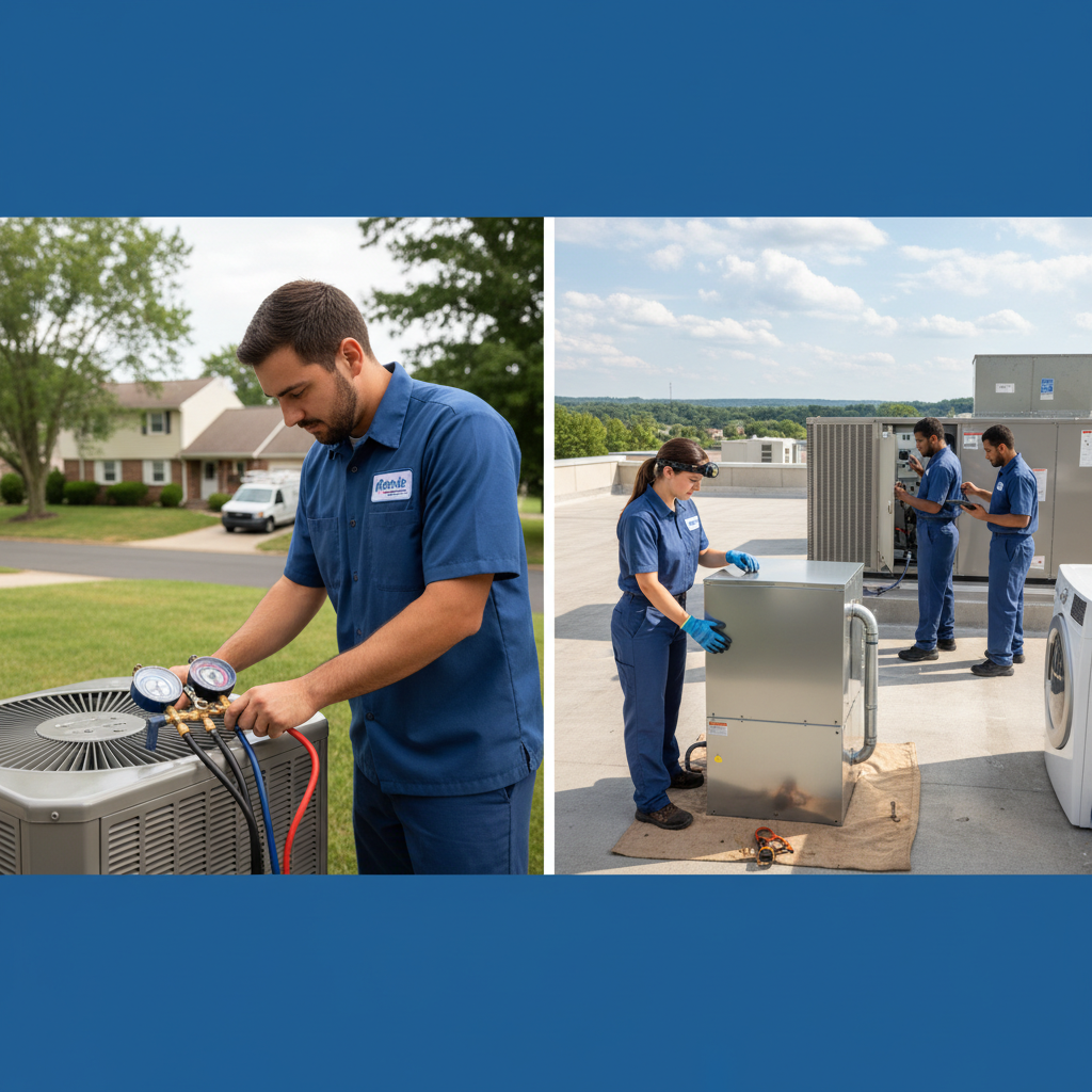 An HVAC technician from Moon Air expertly repairing an outdoor air conditioning unit in a residential backyard in Cecil County, MD.