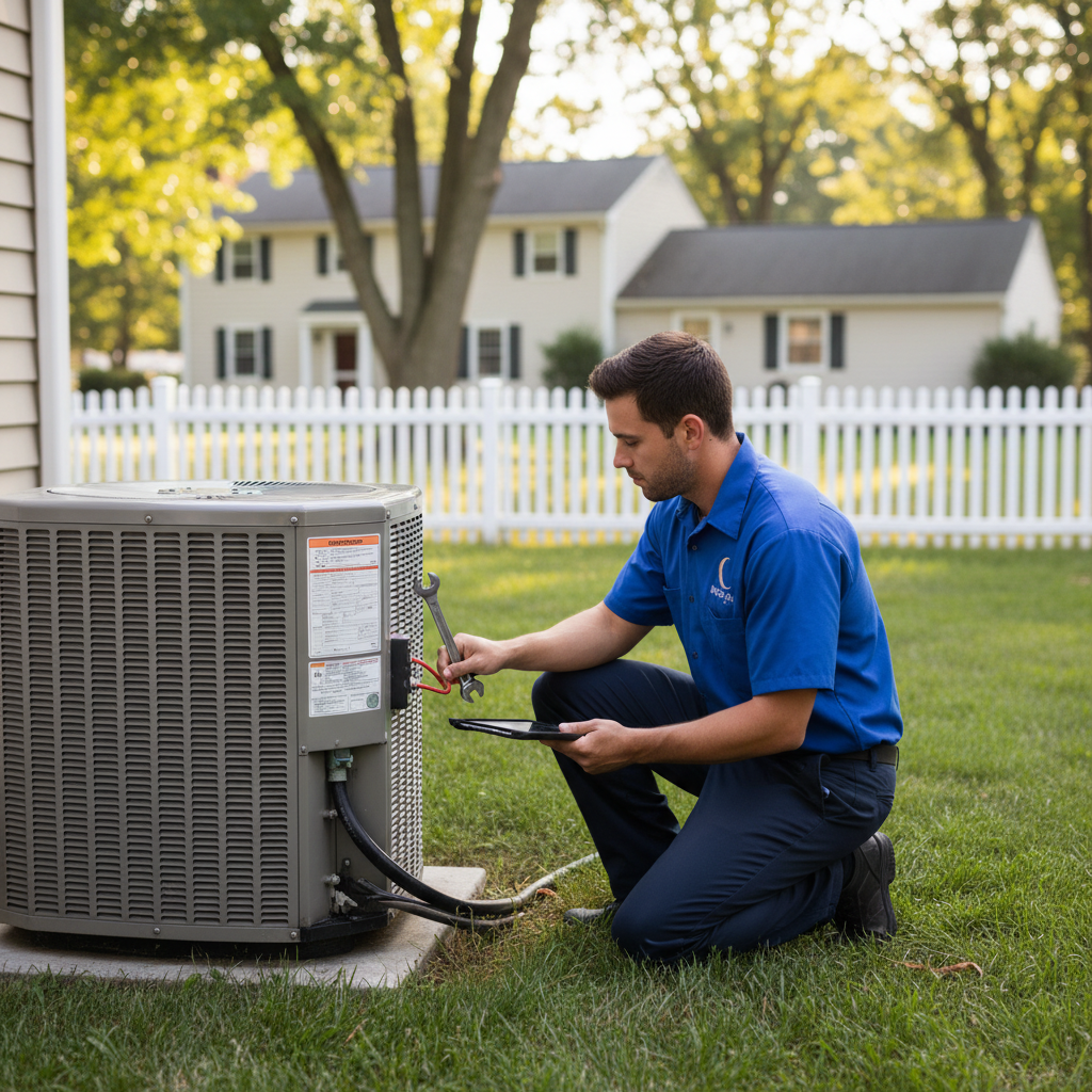 An HVAC technician from Moon Air inspects a residential air conditioning unit in Cecil County, MD.