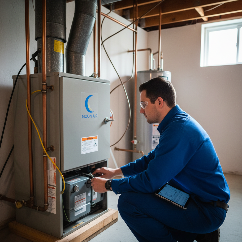 An HVAC technician from Moon Air servicing a furnace in a Cecil County, MD home.