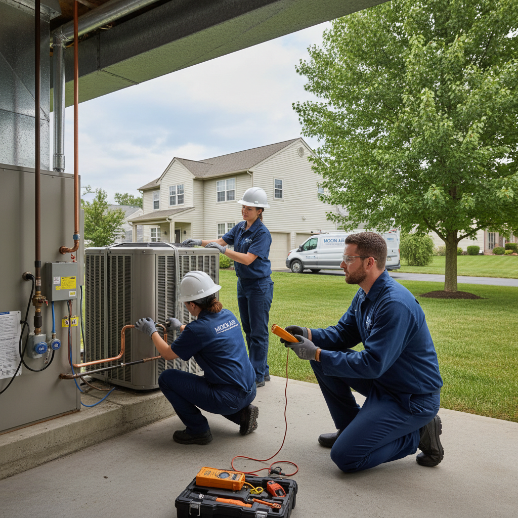 An HVAC technician from Moon Air servicing a furnace in a Cecil County, MD home.