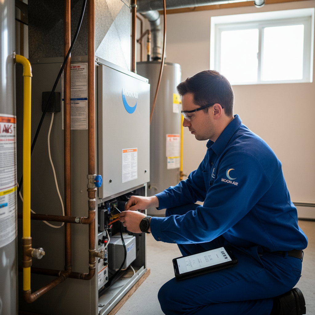 An HVAC technician from Moon Air servicing a furnace in a Cecil County, MD home.