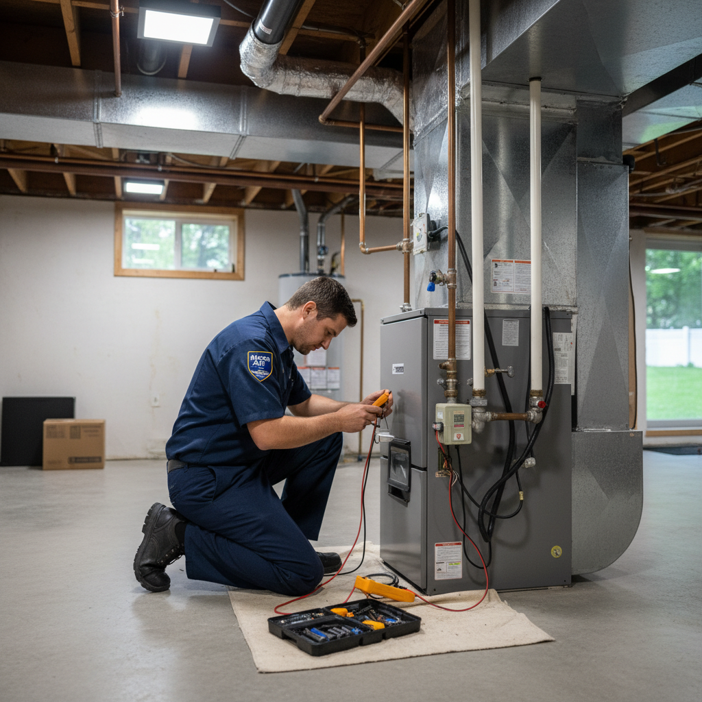 An HVAC technician from Moon Air servicing a furnace in a Cecil County, MD home, ensuring heating system reliability.