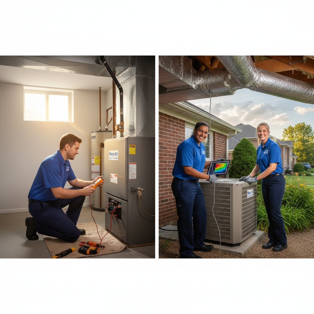 An HVAC technician from Moon Air servicing a furnace in a residential basement in Cecil County, MD.