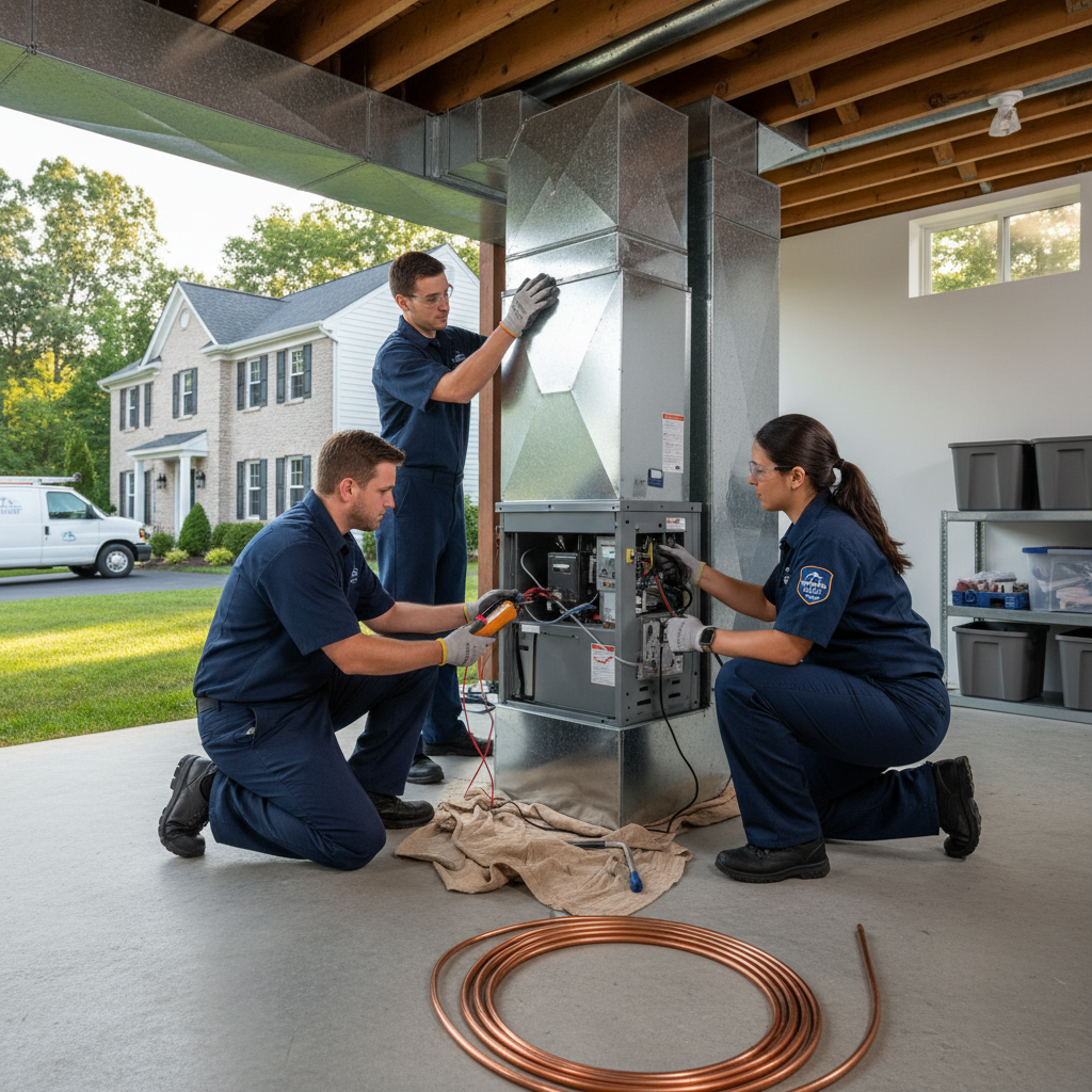 An HVAC technician from Moon Air servicing an outdoor air conditioning unit in Cecil County, Maryland, ensuring comfort.