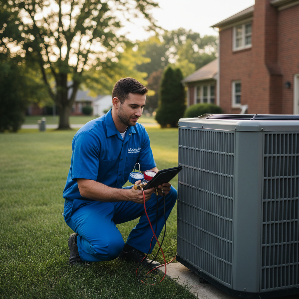 An HVAC technician from Moon Air servicing an outdoor air conditioning unit in Cecil County, Maryland, ensuring comfort in Maryland, Delaware, and Pennsylvania.