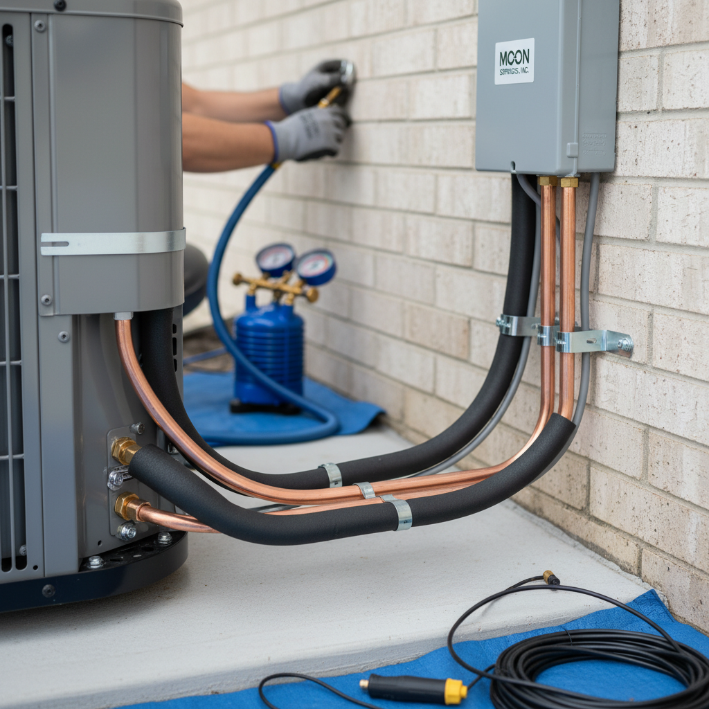 Close-up of a technician performing an AC replacement in Elkton, MD, showing the copper lines and gauges.
