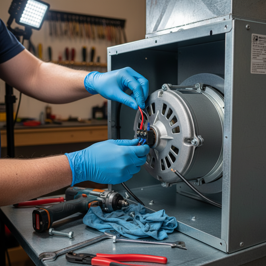 Close-up of a technician performing detailed AC blower motor repair work in Elkton, MD.