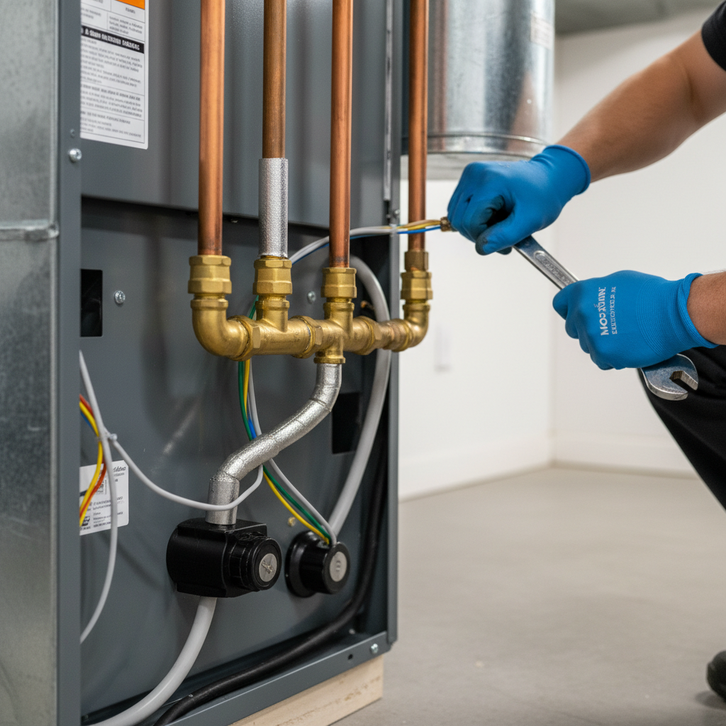Close-up of a technician performing precise gas furnace installation work in Elkton, MD.