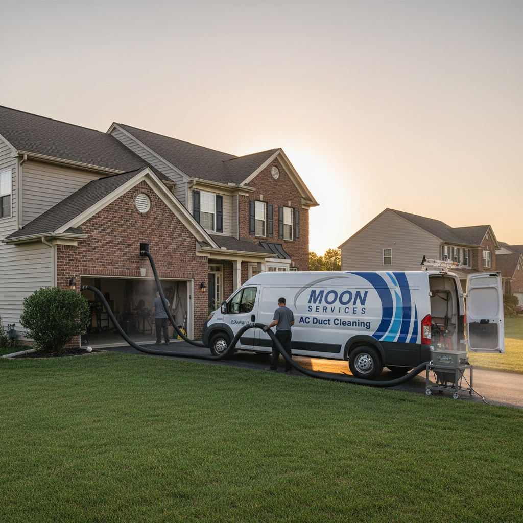 Close-up of Moon Services technicians performing professional AC duct cleaning in Elkton, MD.