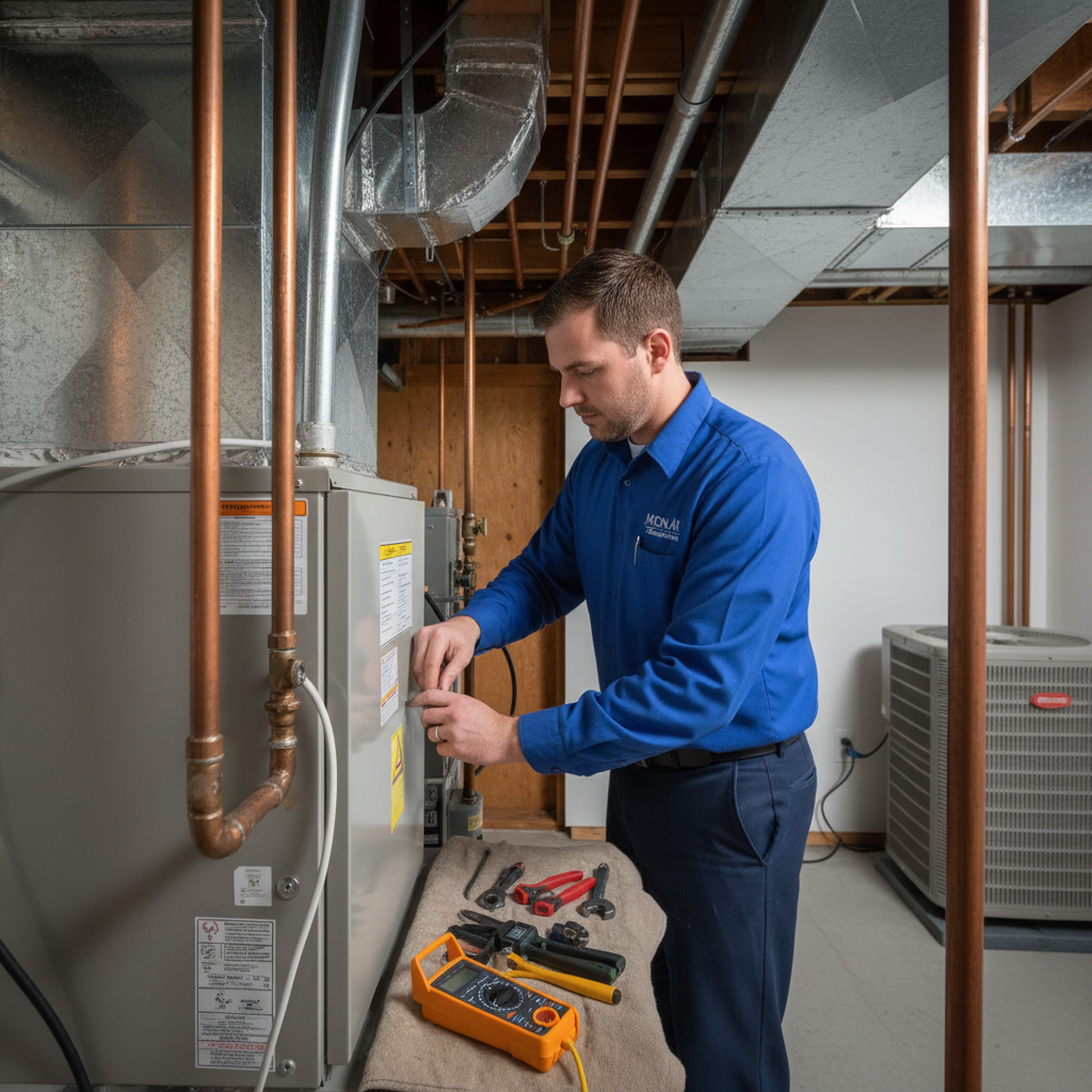 Experienced HVAC technician from Moon Air expertly repairing a furnace in a Cecil County, Maryland home.