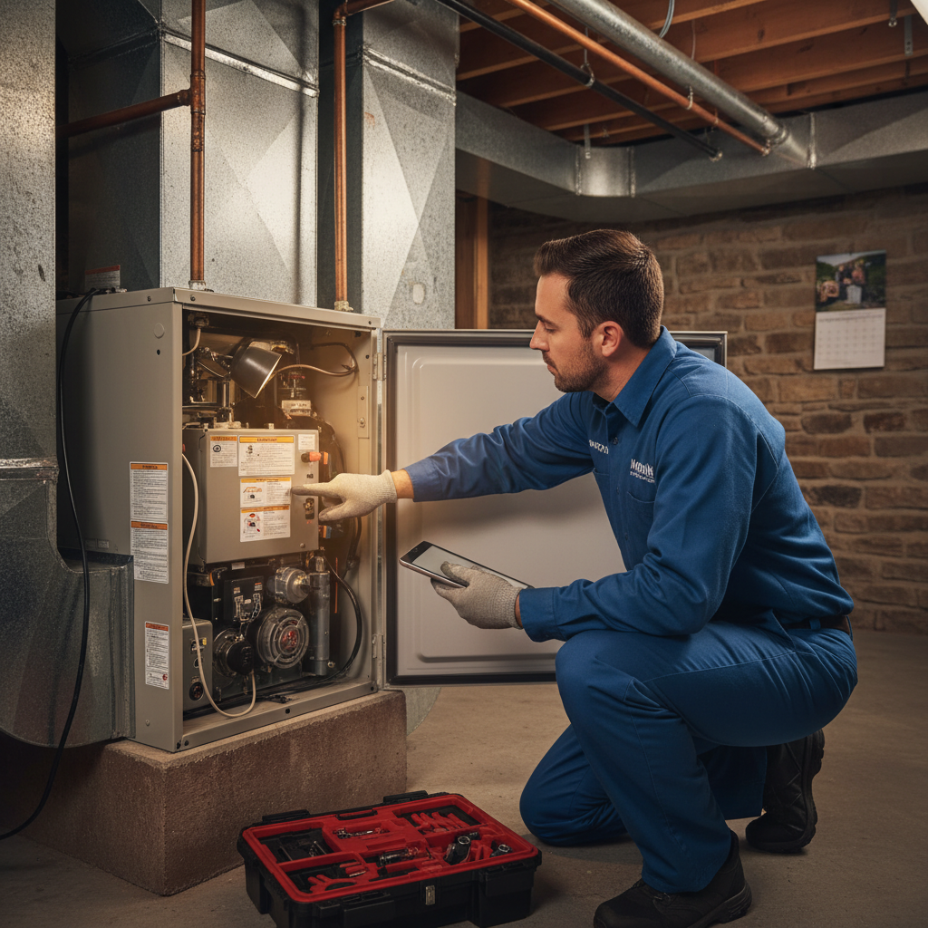 Experienced HVAC technician from Moon Air inspecting a furnace in a Cecil County, MD home.