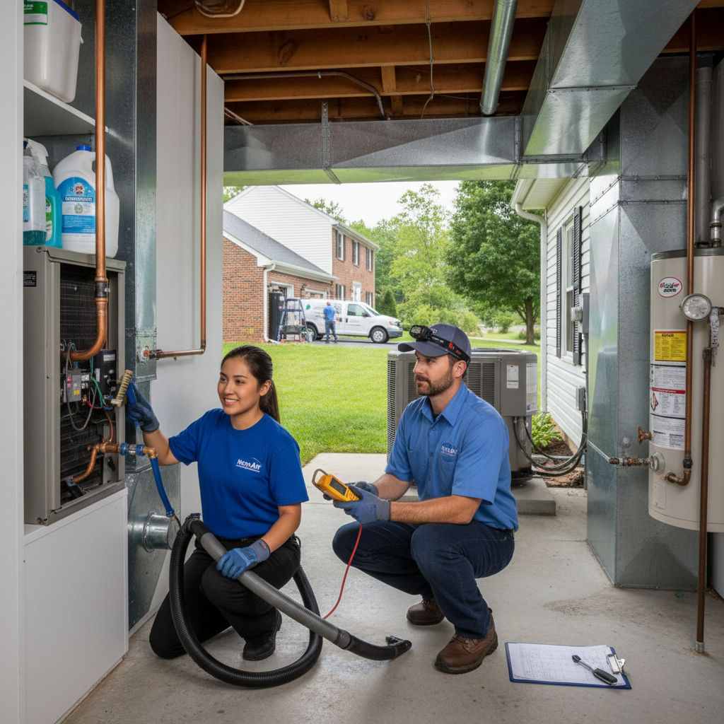 Experienced HVAC technician from Moon Air inspecting a furnace in a Cecil County, MD home.