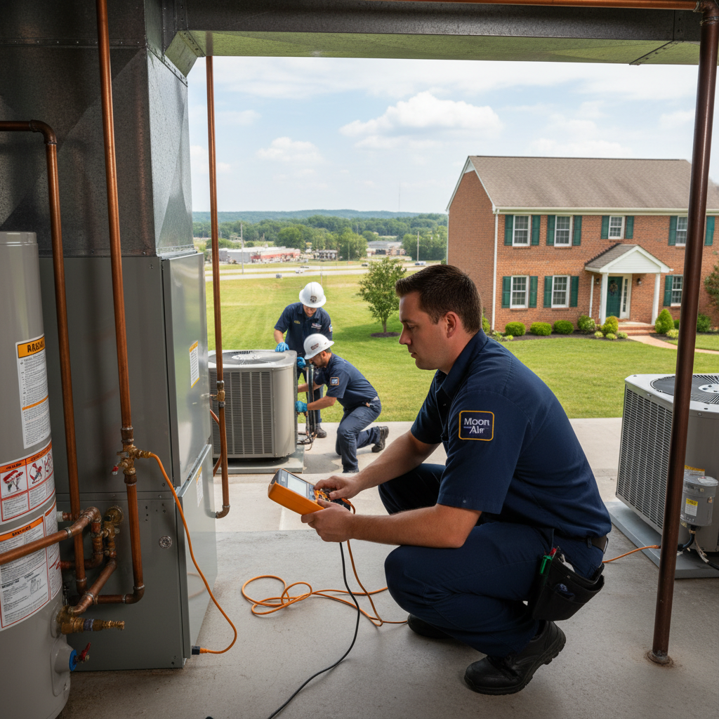 Experienced HVAC technician from Moon Air inspecting a residential furnace in Cecil County, MD.