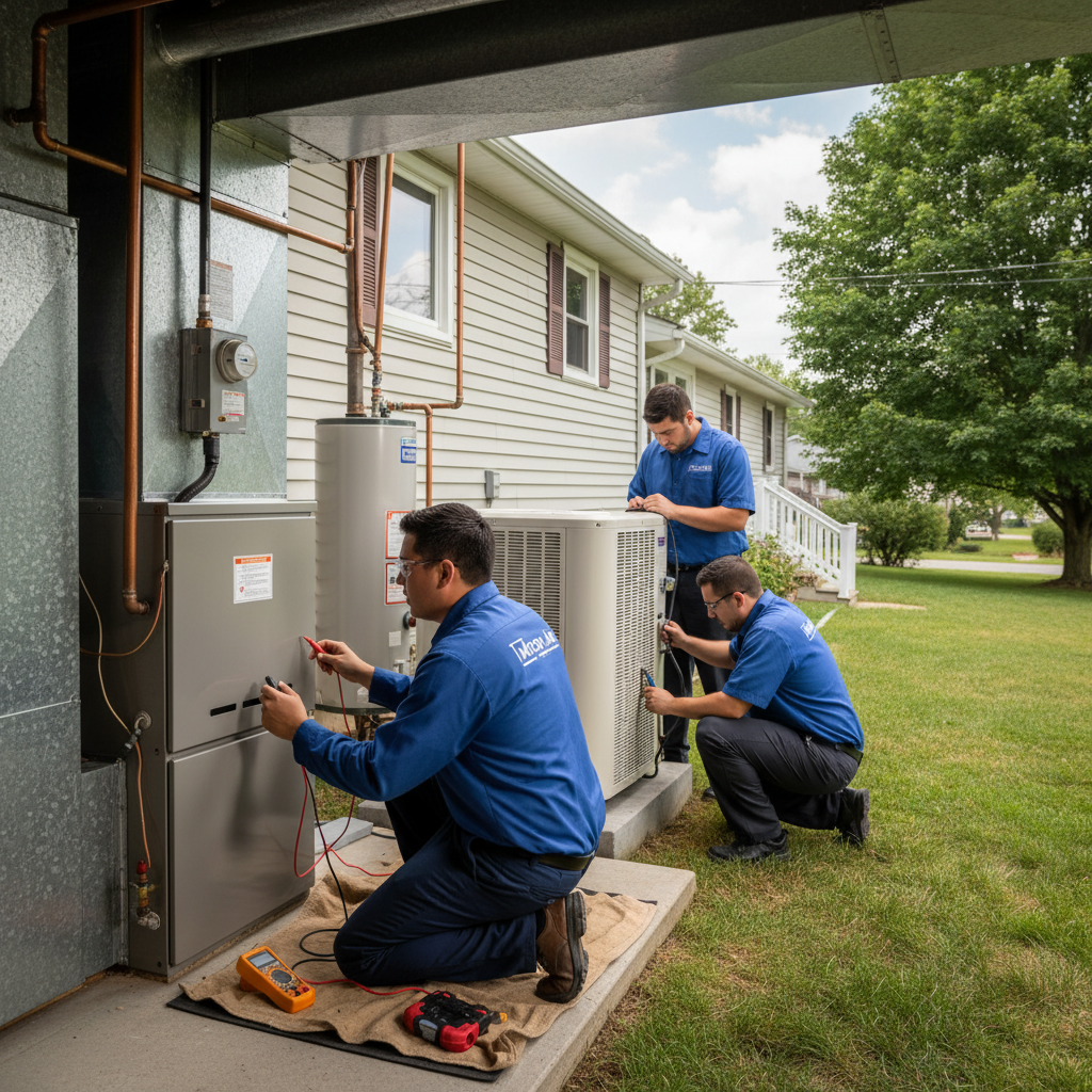 Experienced HVAC technician from Moon Air servicing a furnace in a Cecil County, Maryland home.