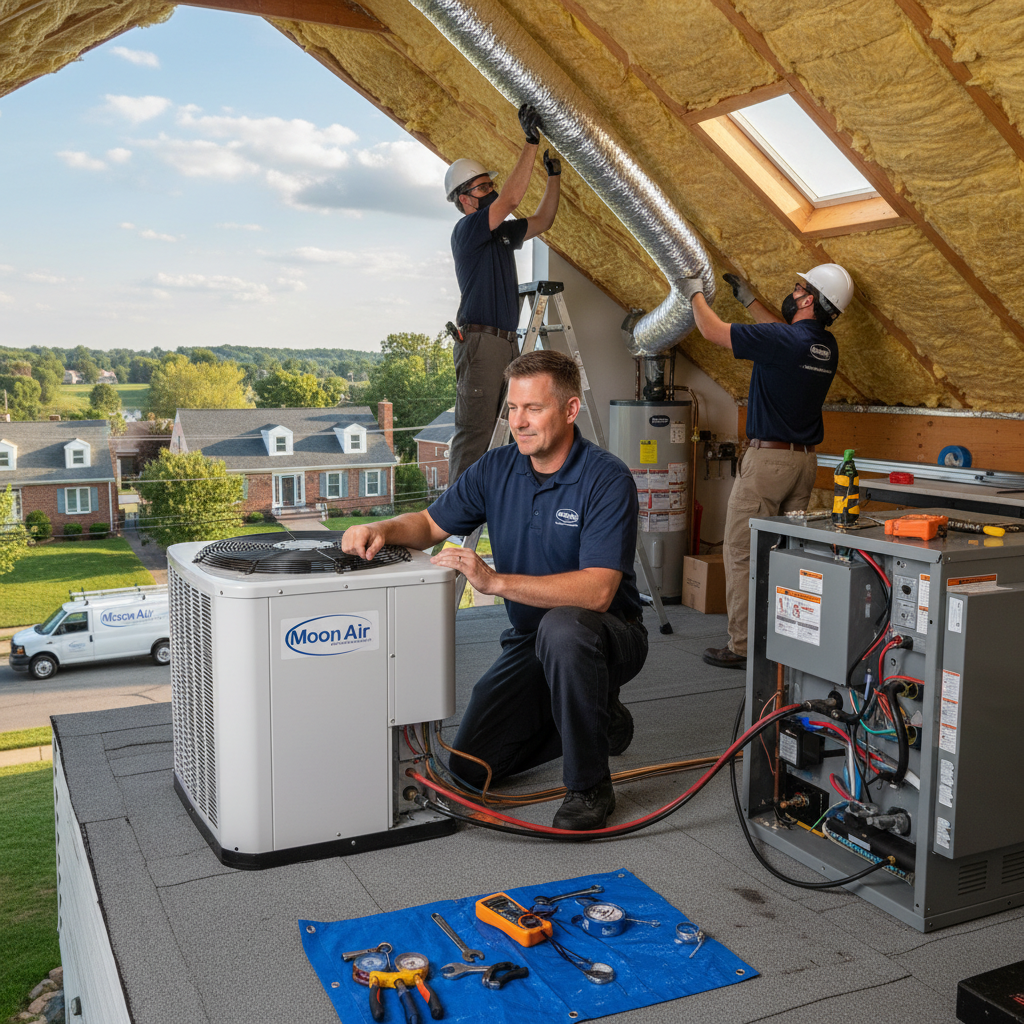 Experienced HVAC technician installing a new air conditioning unit in a Cecil County, Maryland home.