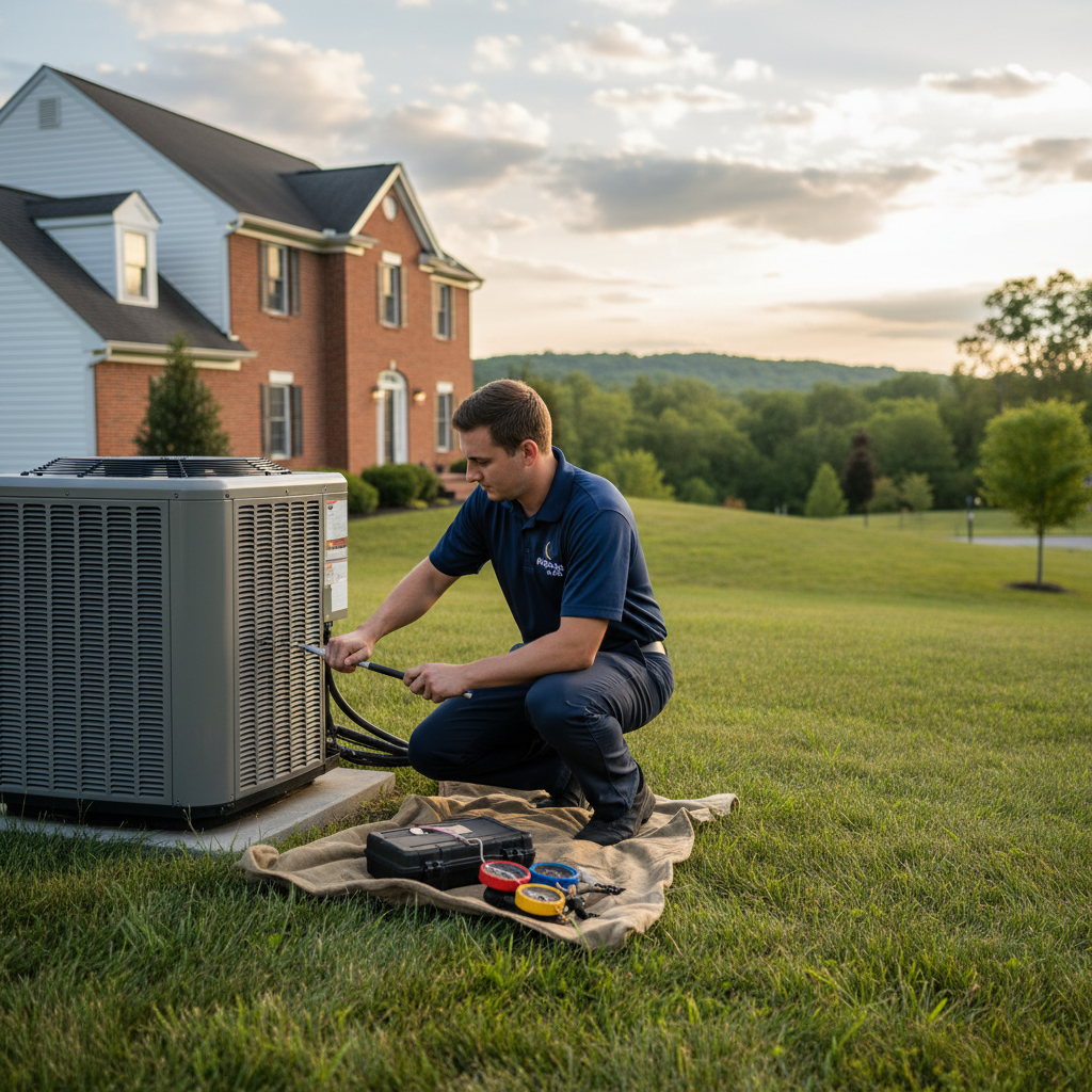 Experienced HVAC technician servicing a modern air conditioning unit in a Cecil County, Maryland home.