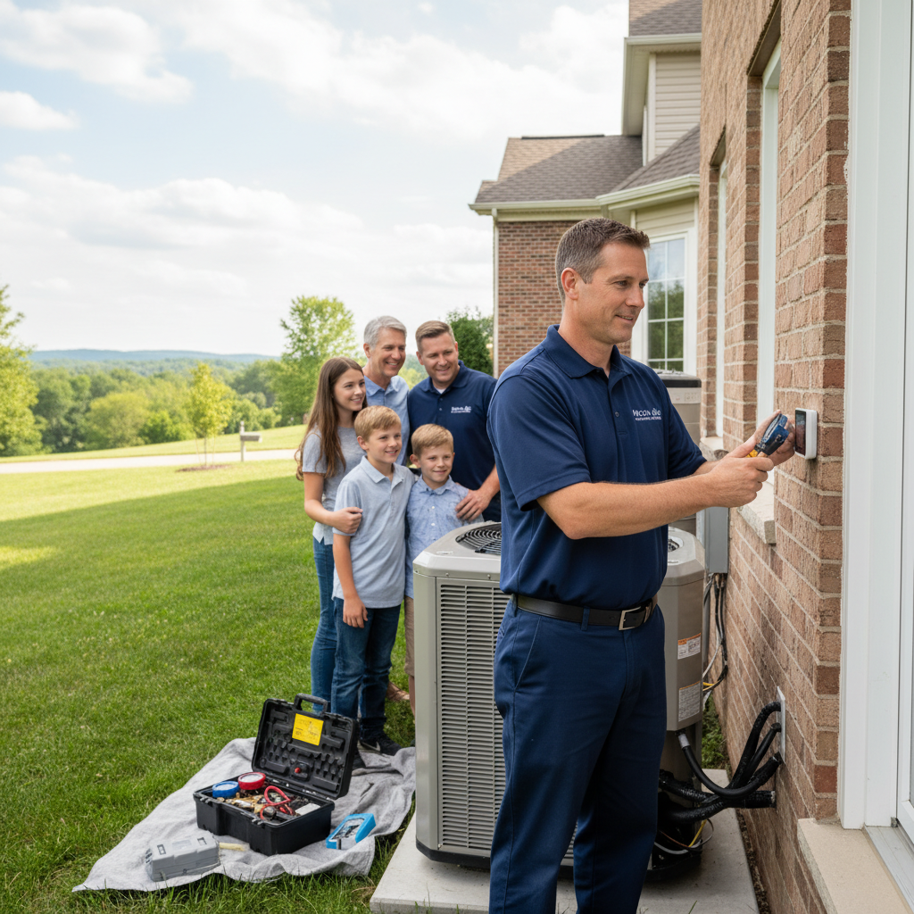 Experienced HVAC technician servicing a residential air conditioning unit in Cecil County, MD.