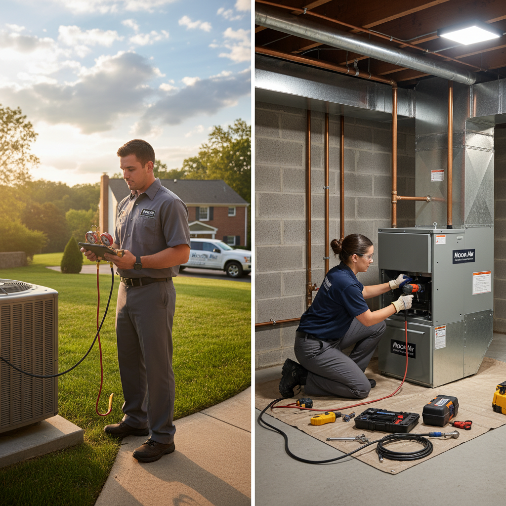 Experienced HVAC technician servicing a residential air conditioning unit in Cecil County, Maryland, ensuring comfort.