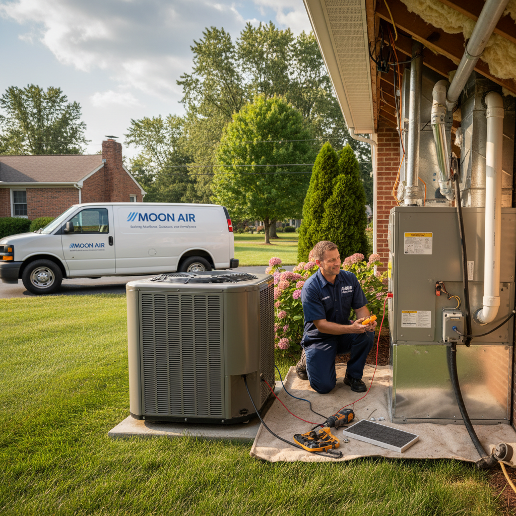 Experienced HVAC technician servicing a residential air conditioning unit in Cecil County, MD.