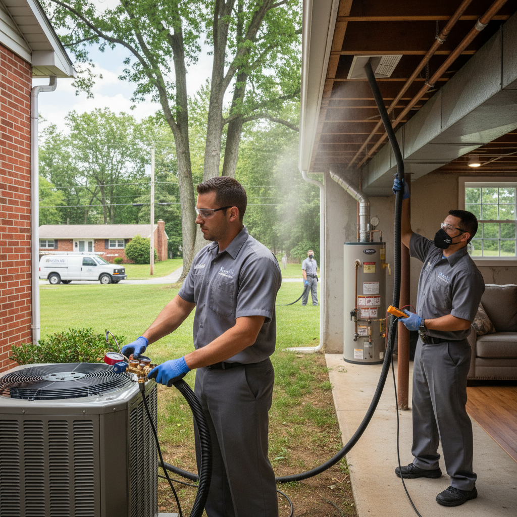 Experienced HVAC technician servicing a residential air conditioning unit in Cecil County, Maryland.