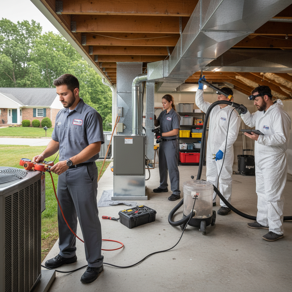 Experienced HVAC technician servicing a residential air conditioning unit in Cecil County, Maryland, ensuring comfort.
