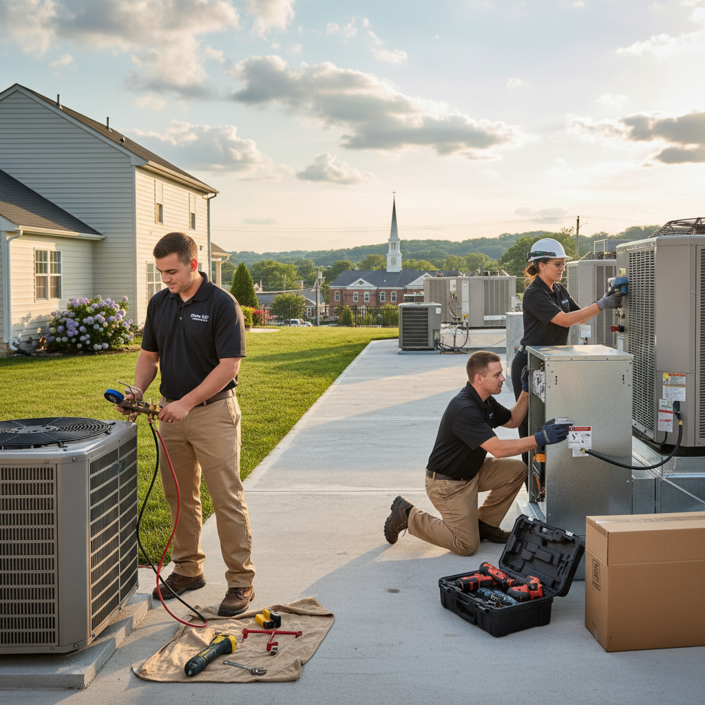 Experienced HVAC technician servicing a residential air conditioning unit in Cecil County, Maryland.