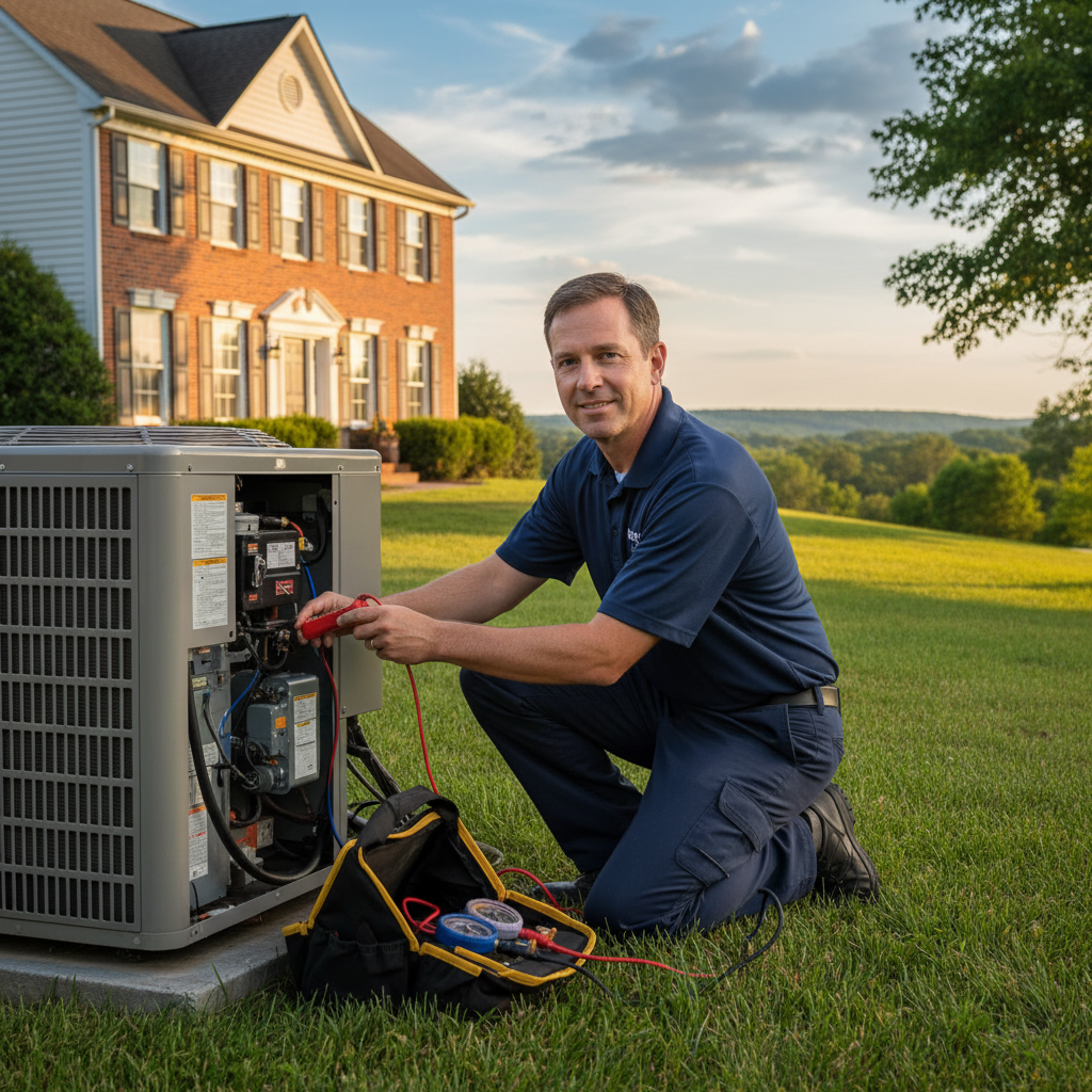 Experienced HVAC technician servicing an air conditioning unit outside a home in Cecil County, Maryland, ensuring comfort.