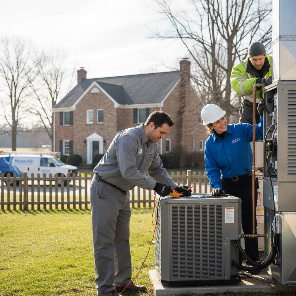 Experienced HVAC technician servicing an outdoor air conditioning unit in a Cecil County, MD backyard.