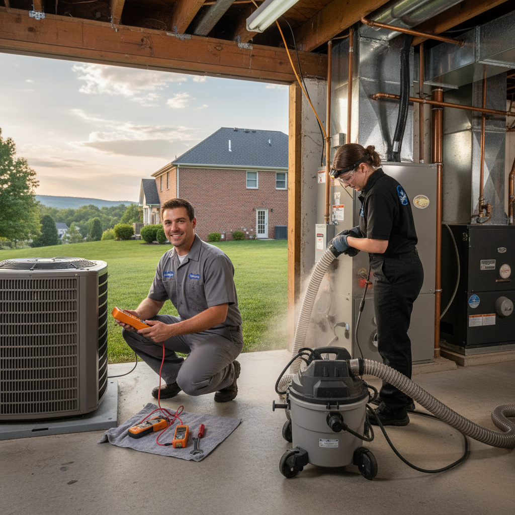 Experienced HVAC technician servicing an outdoor air conditioning unit in Chester County, PA.