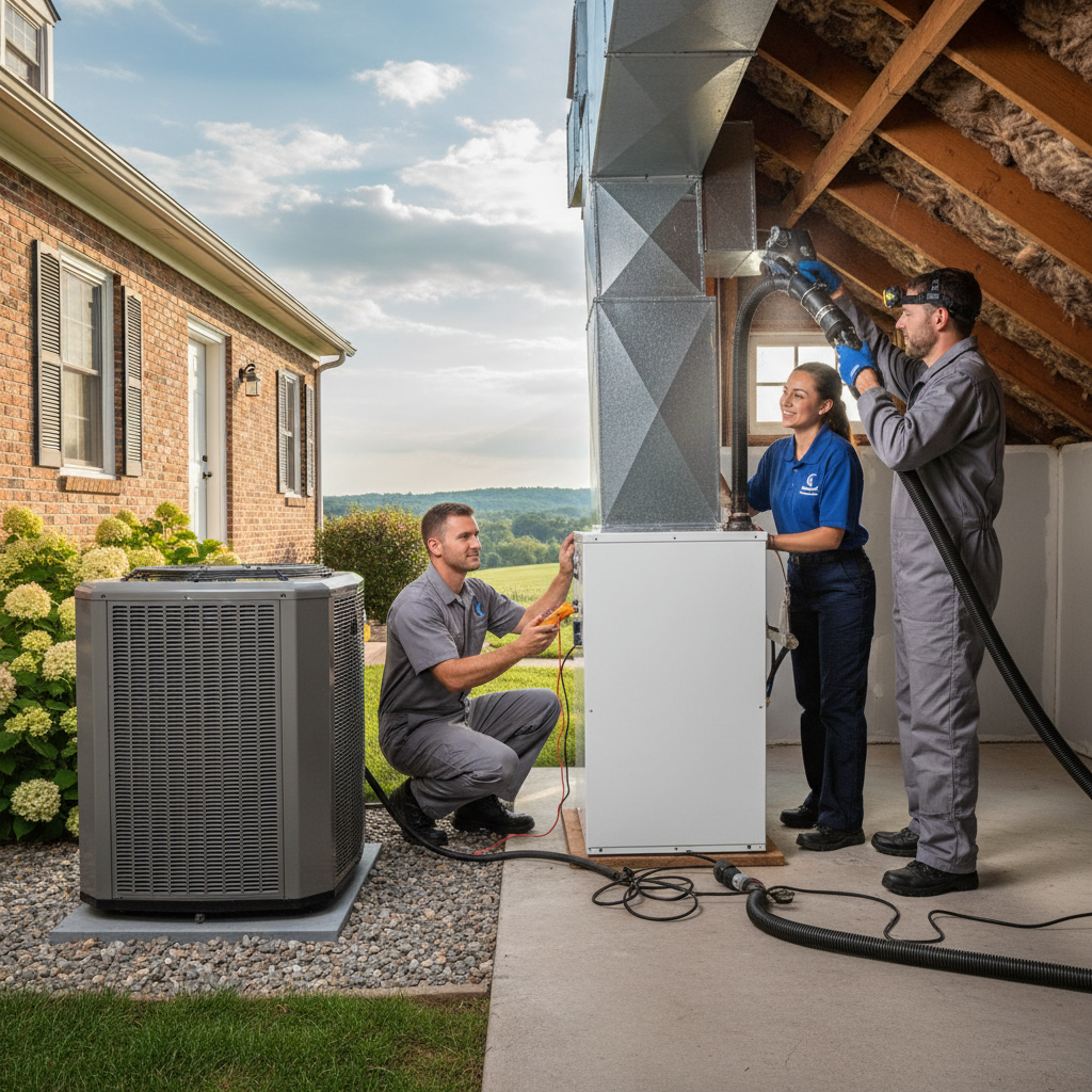 Experienced HVAC technician servicing an outdoor air conditioning unit in Cecil County, Maryland, ensuring comfort.