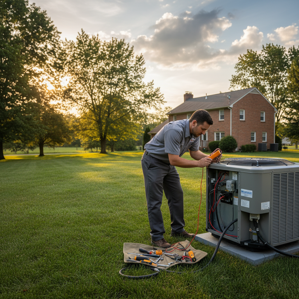Experienced HVAC technician servicing an outdoor air conditioning unit in Cecil County, MD.