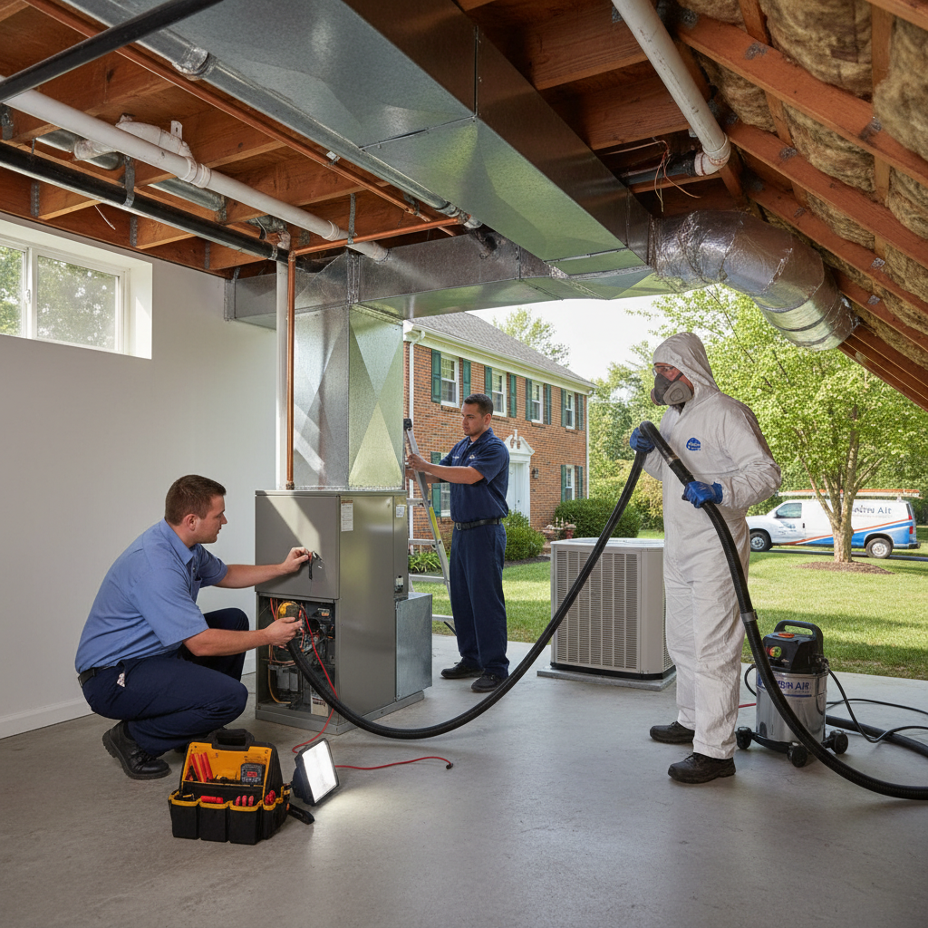 Experienced Moon Air HVAC technician checking a furnace in a Cecil County, Maryland home.