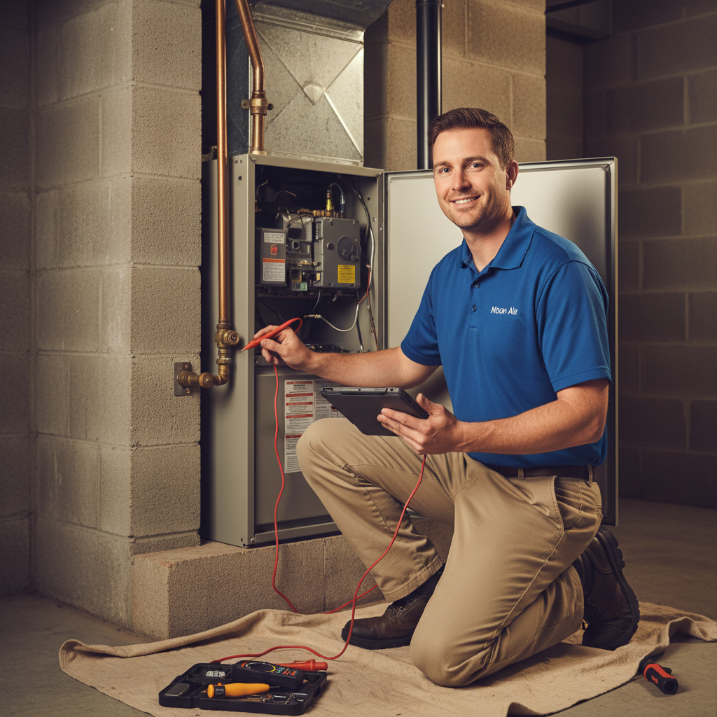 Experienced Moon Air HVAC technician inspecting a furnace in a Cecil County, Maryland home.