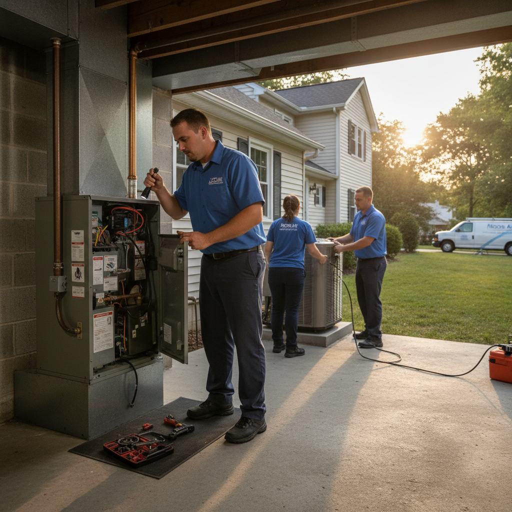 Experienced Moon Air HVAC technician inspecting a furnace in a Cecil County, MD home.