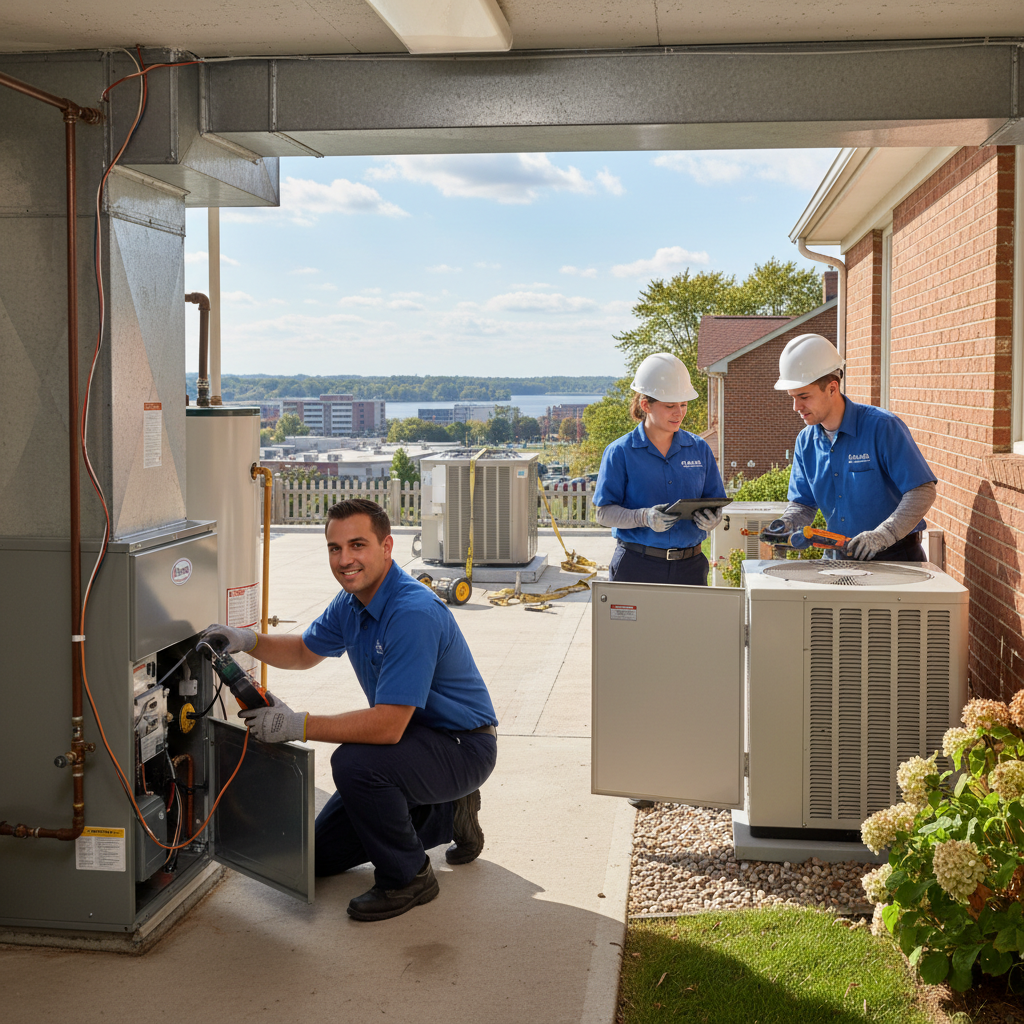 Experienced Moon Air HVAC technician inspecting a furnace in a Cecil County, MD basement.